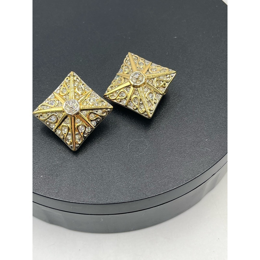 Swarovski Vintage Swan Square‎ Gold Tone Rhinestone Clip On Earrings